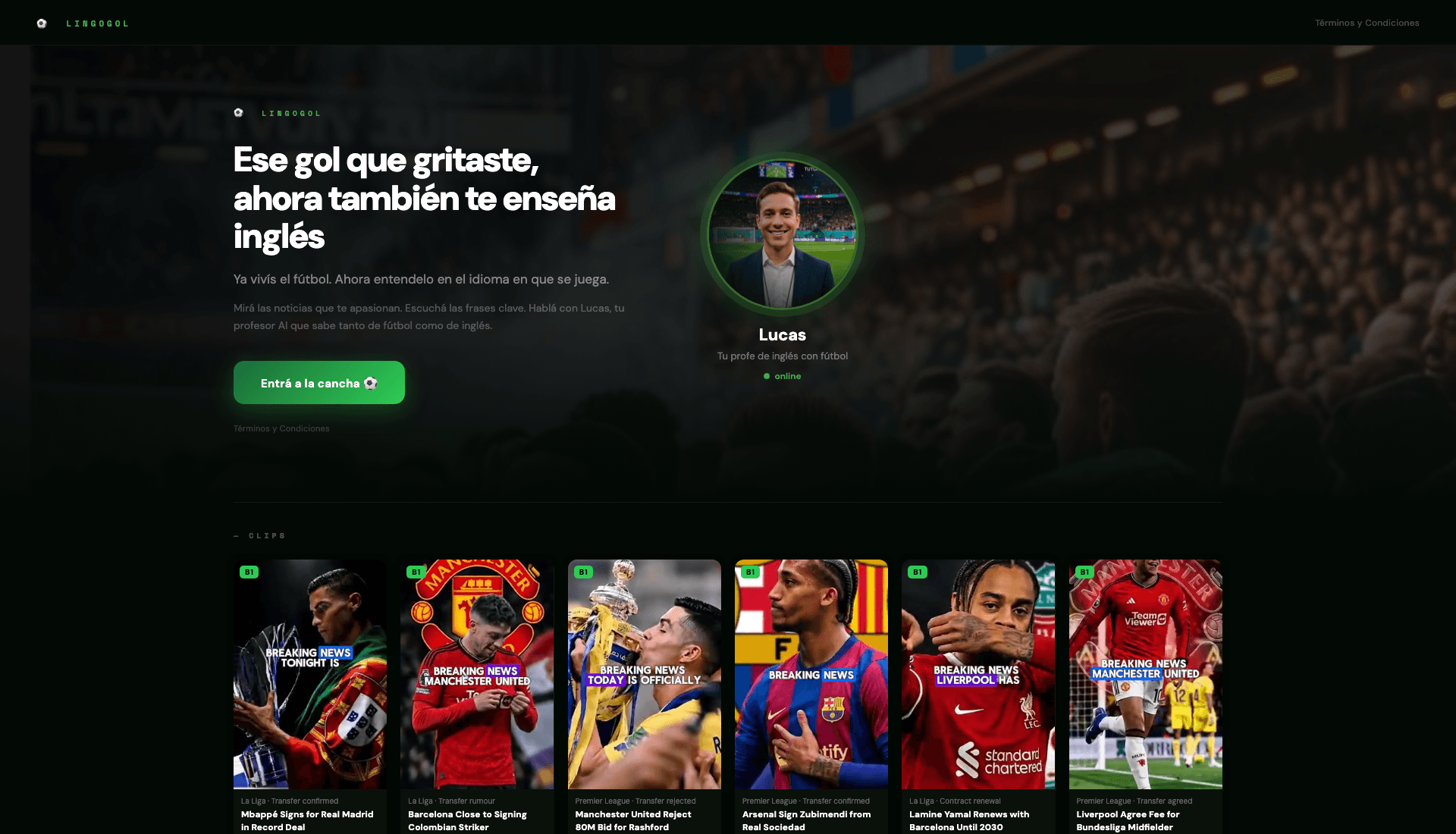 LingoGol — Las últimas noticias del deporte que más amás, ahora también te enseñan inglés. Conversá con Lucas, tu profesor AI.
